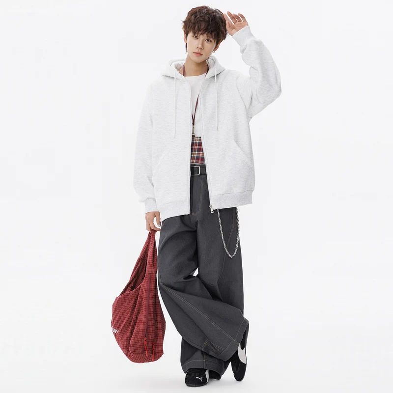 Unisex Oversize Kapuzen-Sweatjacke mit durchgehendem Reißverschluss, Kängurutaschen und gerippten Bündchen Drune