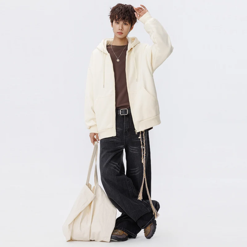 Unisex Oversize Kapuzen-Sweatjacke mit durchgehendem Reißverschluss, Kängurutaschen und gerippten Bündchen Drune