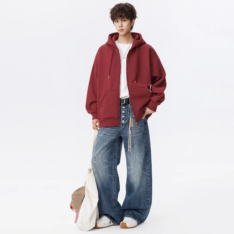 Unisex Oversize Kapuzen-Sweatjacke mit durchgehendem Reißverschluss, Kängurutaschen und gerippten Bündchen Drune