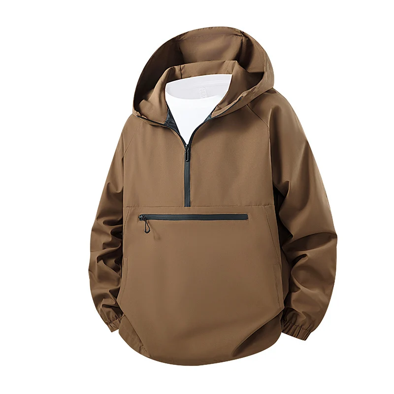 Unisex Leichter wasserabweisender Kapuzen‑Anorak mit Halbzip und Front‑Reißverschlusstasche Drune