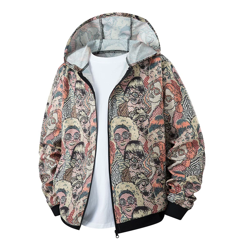 Unisex Leichte Kapuzenjacke im Ethno-Print mit durchgehendem Reißverschluss Drune