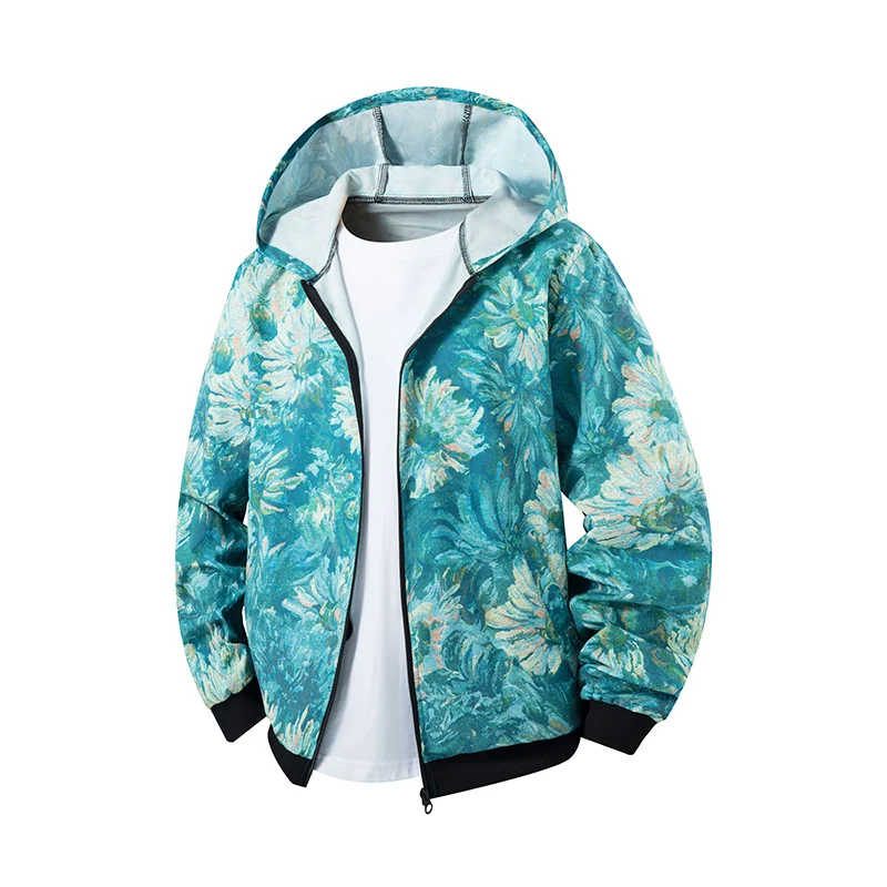 Unisex Leichte Kapuzenjacke im Ethno-Print mit durchgehendem Reißverschluss Drune