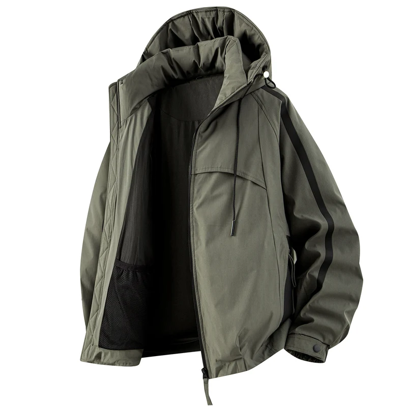 Unisex gefütterte Outdoor-Utility-Jacke mit Kapuze und reflektierenden Streifen Drune