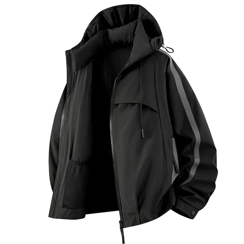Unisex gefütterte Outdoor-Utility-Jacke mit Kapuze und reflektierenden Streifen Drune