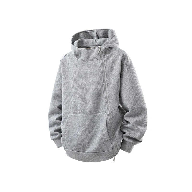 Unisex Asymmetrischer Kapuzenpullover mit hohem Kragen, diagonalem Reißverschluss und Kängurutasche Drune