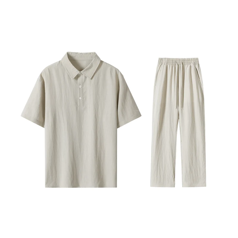 Herren Zweiteiliges Lounge-Set aus leichtem Baumwollmix mit Polokragen und Gummizughose Drune