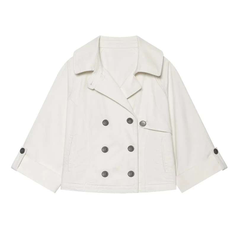 Damen Kurzes Doppelreihiges Trench‑Cape mit weitem Kragen und dreiviertel Ärmeln Drune