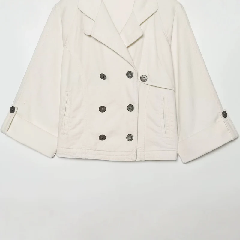 Damen Kurzes Doppelreihiges Trench‑Cape mit weitem Kragen und dreiviertel Ärmeln Drune