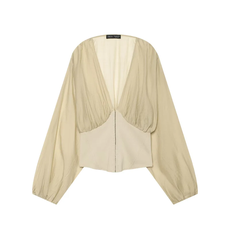 Damen Kurzes Bolero-Blouson mit tiefem V‑Ausschnitt, geraffter Passe und Ballonärmeln Drune