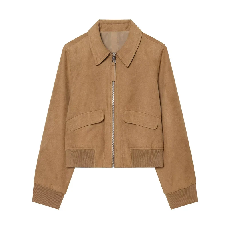 Damen Kurzer Veloursleder‑Blouson im Boxy‑Schnitt mit Hemdkragen, Klappentaschen und breitem Rippbund Drune