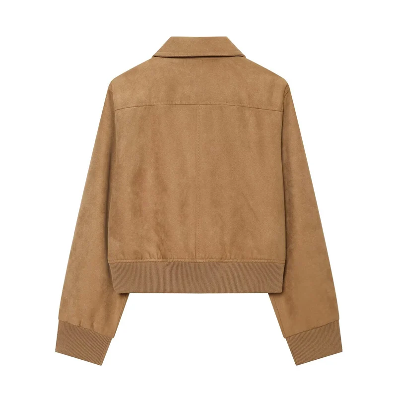 Damen Kurzer Veloursleder‑Blouson im Boxy‑Schnitt mit Hemdkragen, Klappentaschen und breitem Rippbund Drune