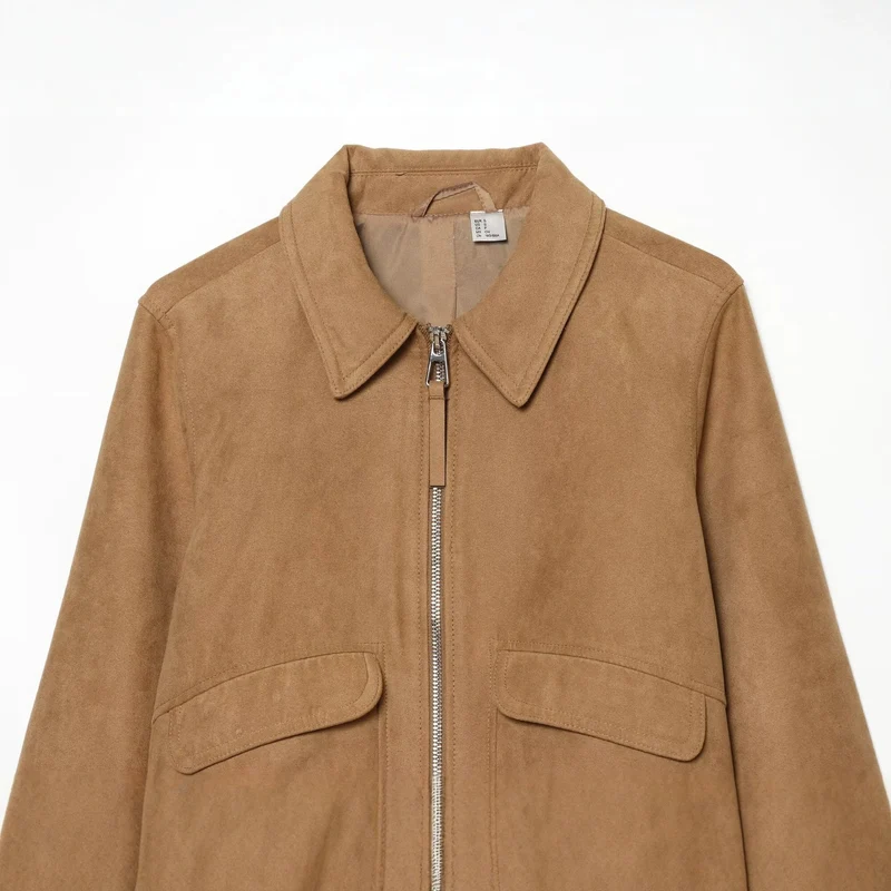 Damen Kurzer Veloursleder‑Blouson im Boxy‑Schnitt mit Hemdkragen, Klappentaschen und breitem Rippbund Drune