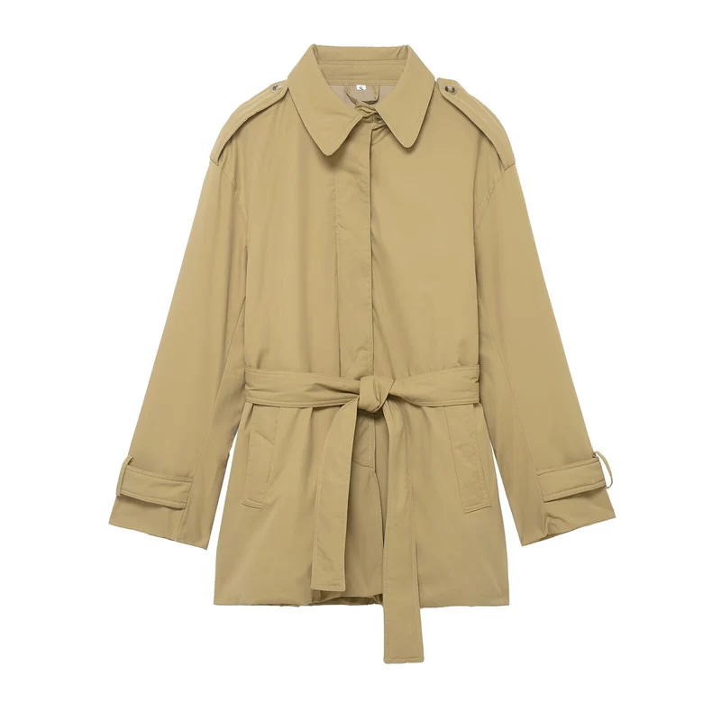 Damen Kurzer Trenchcoat mit Taillengürtel und Schulterklappen Drune