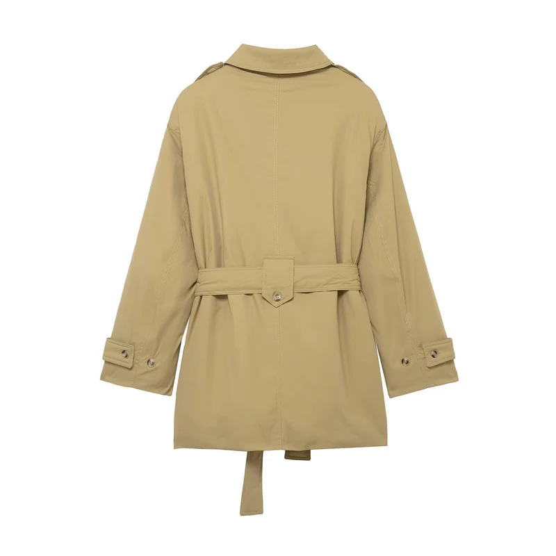 Damen Kurzer Trenchcoat mit Taillengürtel und Schulterklappen Drune
