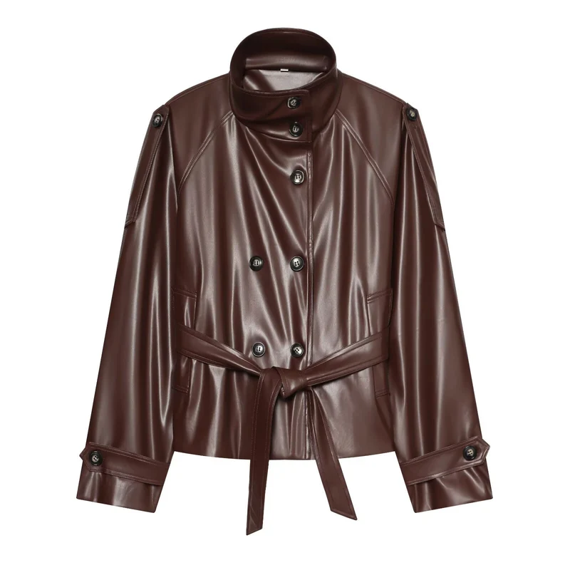 Damen Kurzer Trench‑Blouson in Lederoptik mit Taillengürtel, hohem Stehkragen und doppelter Knopfleiste Drune