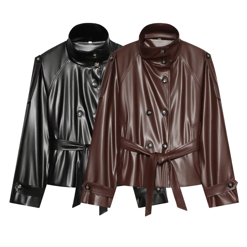 Damen Kurzer Trench‑Blouson in Lederoptik mit Taillengürtel, hohem Stehkragen und doppelter Knopfleiste Drune