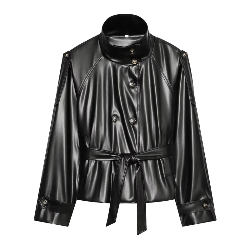 Damen Kurzer Trench‑Blouson in Lederoptik mit Taillengürtel, hohem Stehkragen und doppelter Knopfleiste Drune