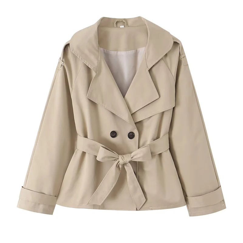 Damen Kurzer Taillierter Trench‑Blouson mit Kapuzenkragen, Schleifenbindegürtel und Raglanärmeln Drune