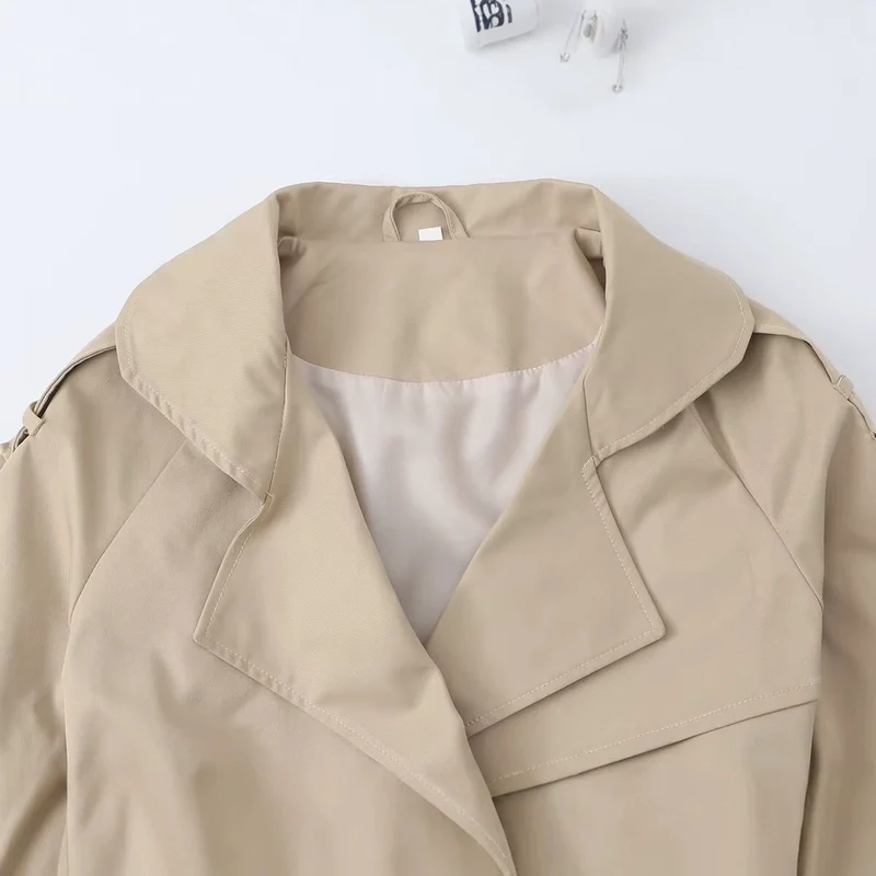 Damen Kurzer Taillierter Trench‑Blouson mit Kapuzenkragen, Schleifenbindegürtel und Raglanärmeln Drune