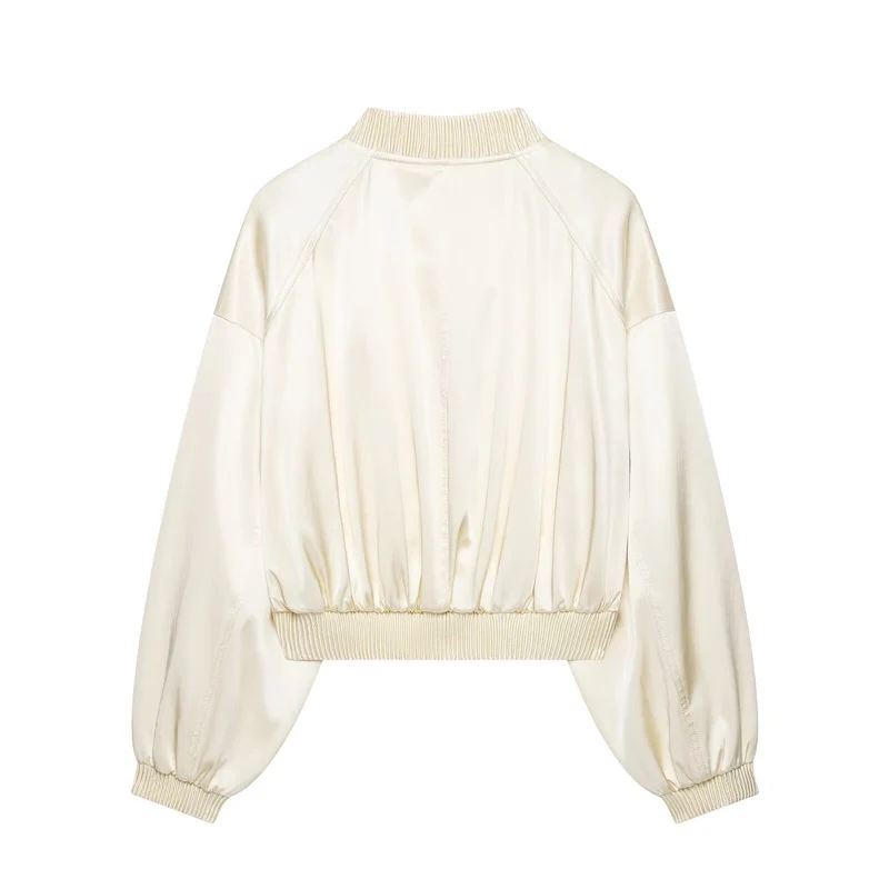 Damen Kurzer Satin-Bomber mit Oversize-Ballonärmeln und Rippkragen Drune