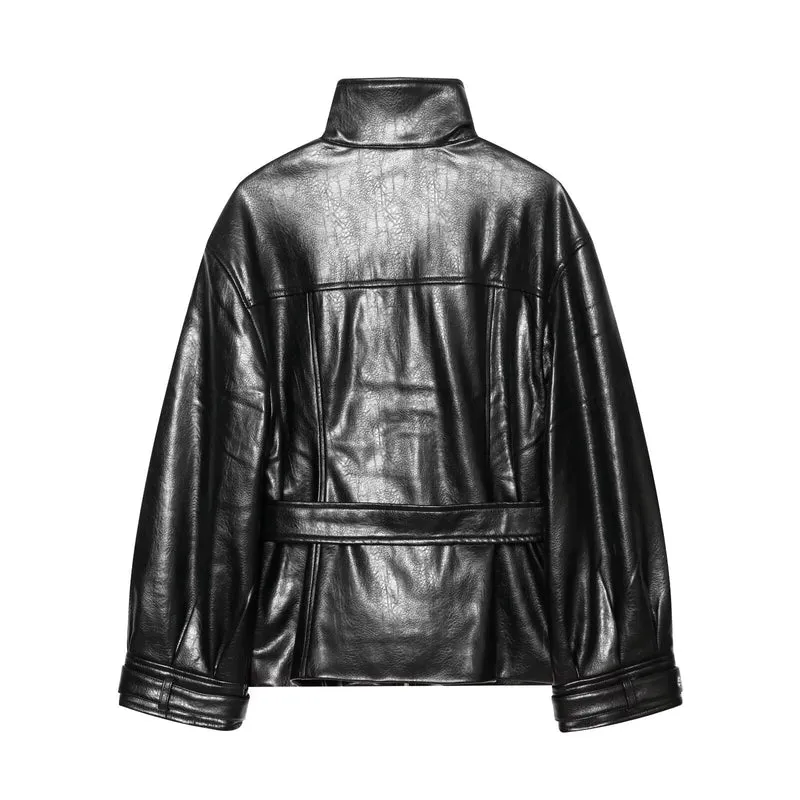 Damen Kurzer Oversize-Kunstledertrench mit hohem Stehkragen und Taillengürtel Drune