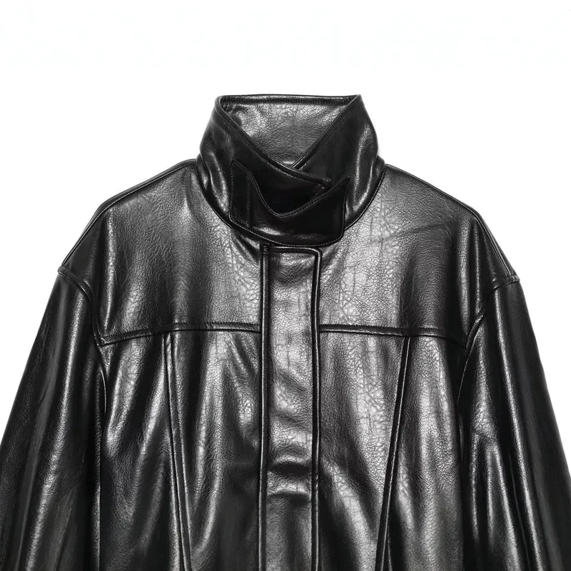 Damen Kurzer Oversize-Kunstledertrench mit hohem Stehkragen und Taillengürtel Drune
