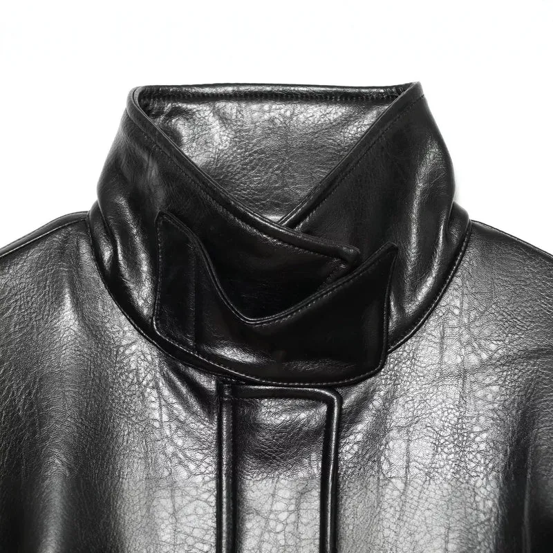 Damen Kurzer Oversize-Kunstledertrench mit hohem Stehkragen und Taillengürtel Drune