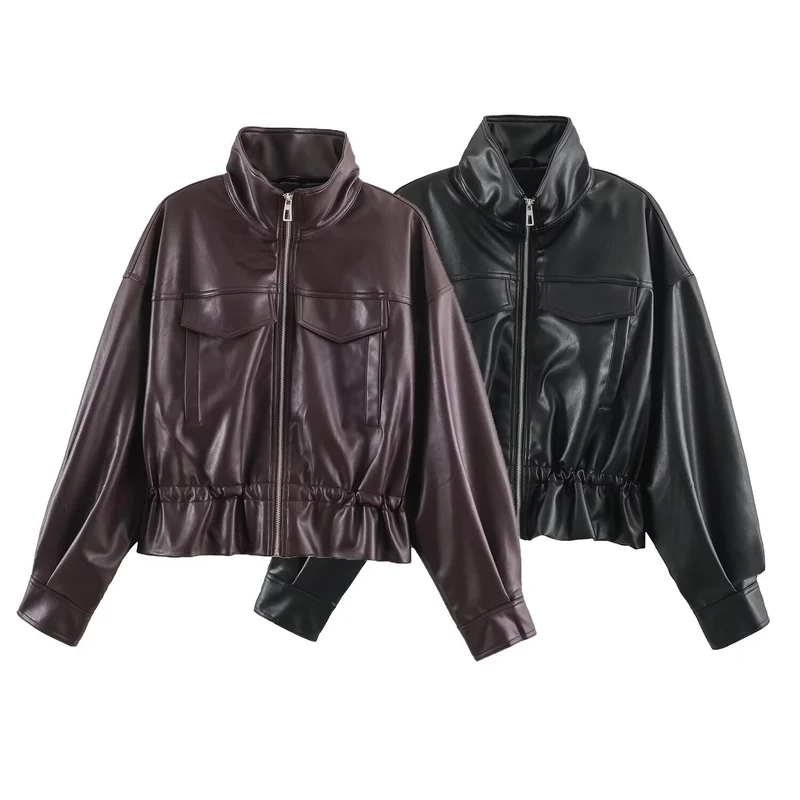 Damen Kurzer Oversize Kunstleder-Bomber mit Stehkragen, Pattentaschen und Kordelzug Drune