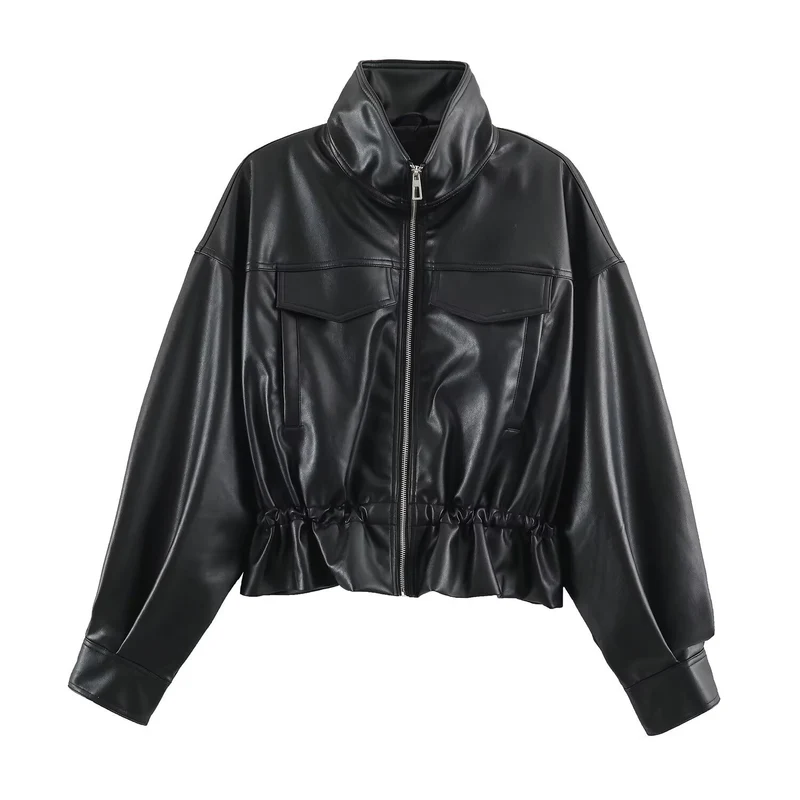 Damen Kurzer Oversize Kunstleder-Bomber mit Stehkragen, Pattentaschen und Kordelzug Drune