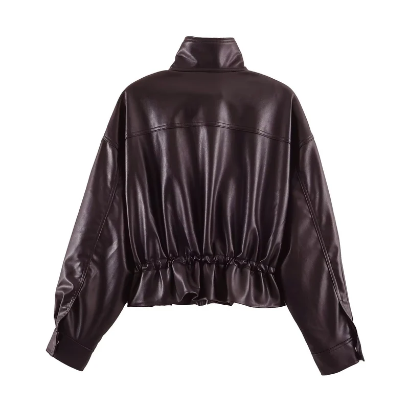 Damen Kurzer Oversize Kunstleder-Bomber mit Stehkragen, Pattentaschen und Kordelzug Drune