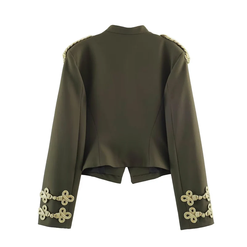 Damen Kurzer Militärblazer mit Stehkragen, goldverzierten Epauletten und dekorativen Knoten Drune