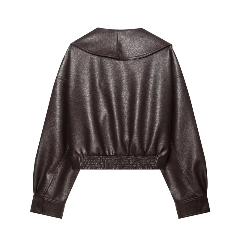 Damen Kurzer Kunstlederblouson mit weitem Schalkragen und Taillenriegel Drune