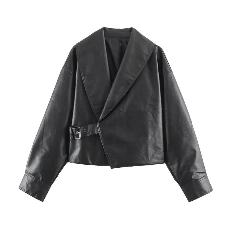 Damen Kurzer Kunstleder-Blouson mit übergroßem Schalkragen und Taillenriemen Drune