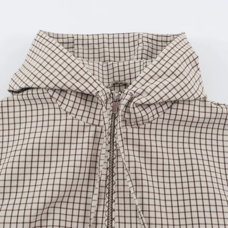 Damen Kurzer Karierter Kapuzenblouson mit Tunnelzug, Reißverschluss und elastischen Bündchen Drune