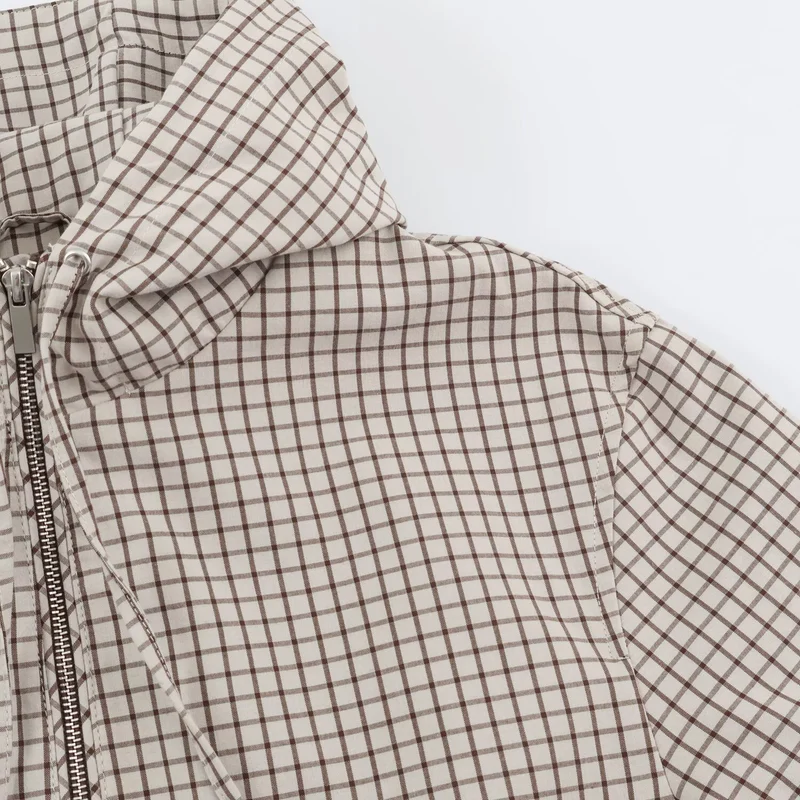 Damen Kurzer Karierter Kapuzenblouson mit Tunnelzug, Reißverschluss und elastischen Bündchen Drune