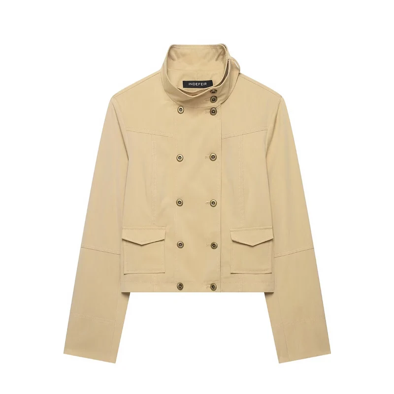 Damen Kurzer doppeltreihiger Utility-Blouson mit hohem Stehkragen und aufgesetzten Klappentaschen Drune
