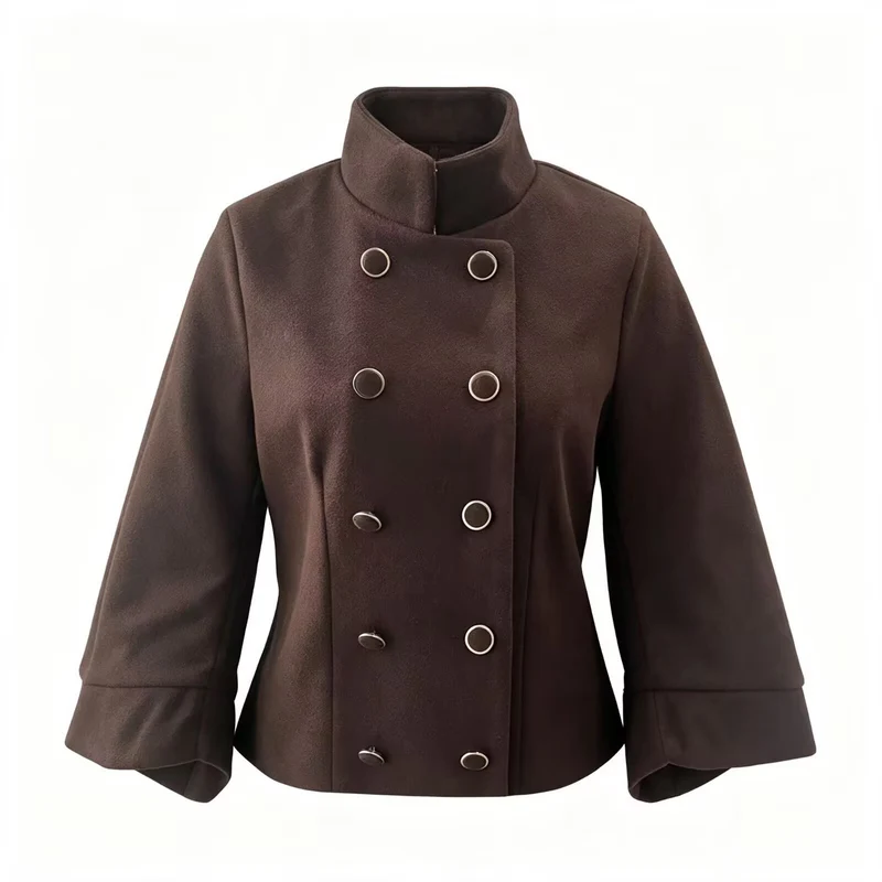 Damen Kurzer Doppelreihiger Wollmix-Mantel mit Stehkragen, Glockenärmeln und Metallknöpfen Drune
