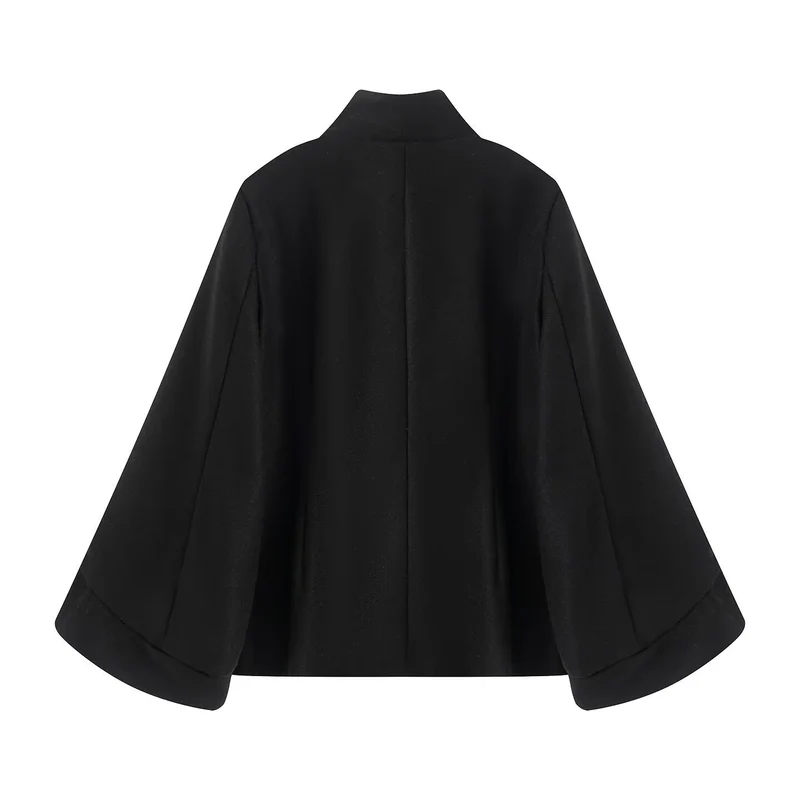Damen Kurzer Doppelreihiger Wollmix-Mantel mit Stehkragen, Glockenärmeln und Metallknöpfen Drune