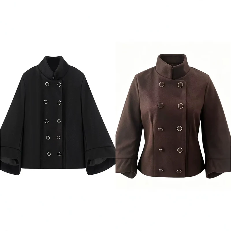 Damen Kurzer Doppelreihiger Wollmix-Mantel mit Stehkragen, Glockenärmeln und Metallknöpfen Drune