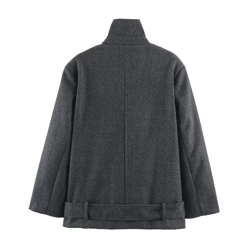 Damen Kurzer Doppelreihiger Wollmix-Mantel mit hohem Stehkragen und Taillengürtel Drune