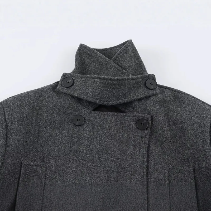 Damen Kurzer Doppelreihiger Wollmix-Mantel mit hohem Stehkragen und Taillengürtel Drune