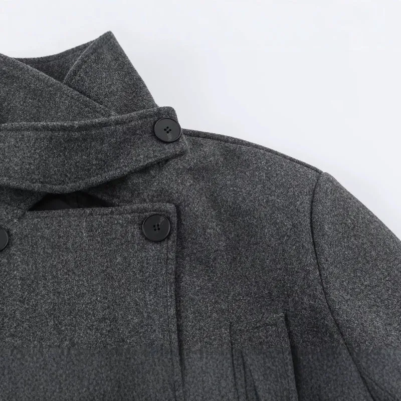 Damen Kurzer Doppelreihiger Wollmix-Mantel mit hohem Stehkragen und Taillengürtel Drune