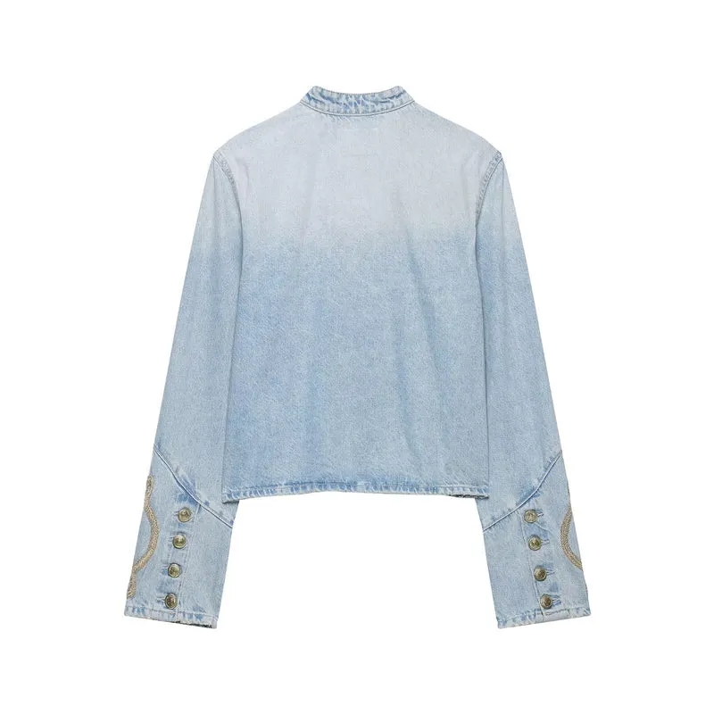 Damen Kurzer Denim-Militärblouson mit dekorativen Kordeln und Stehkragen Drune