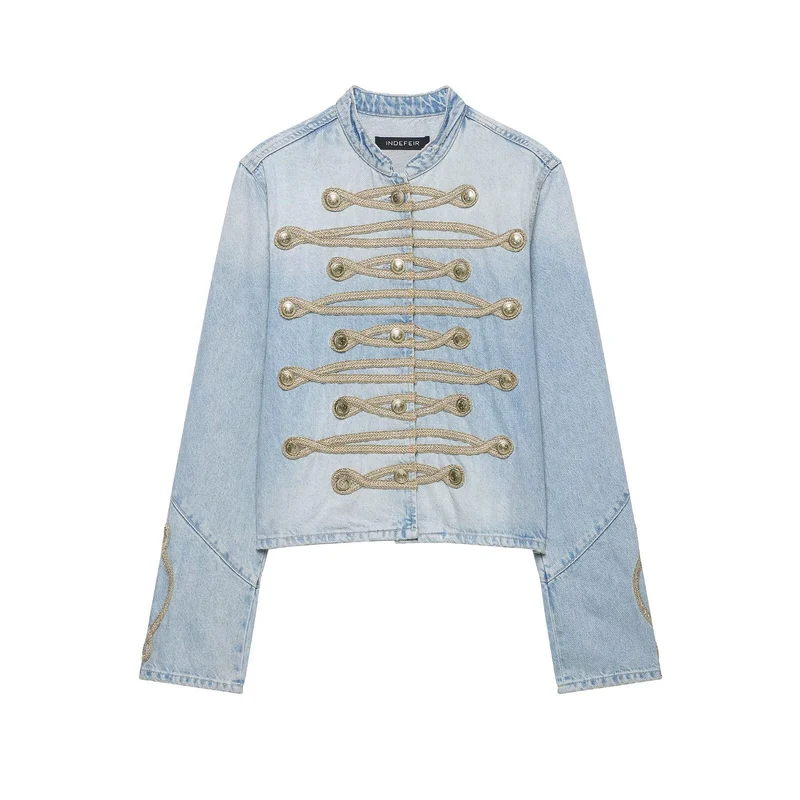 Damen Kurzer Denim-Militärblouson mit dekorativen Kordeln und Stehkragen Drune