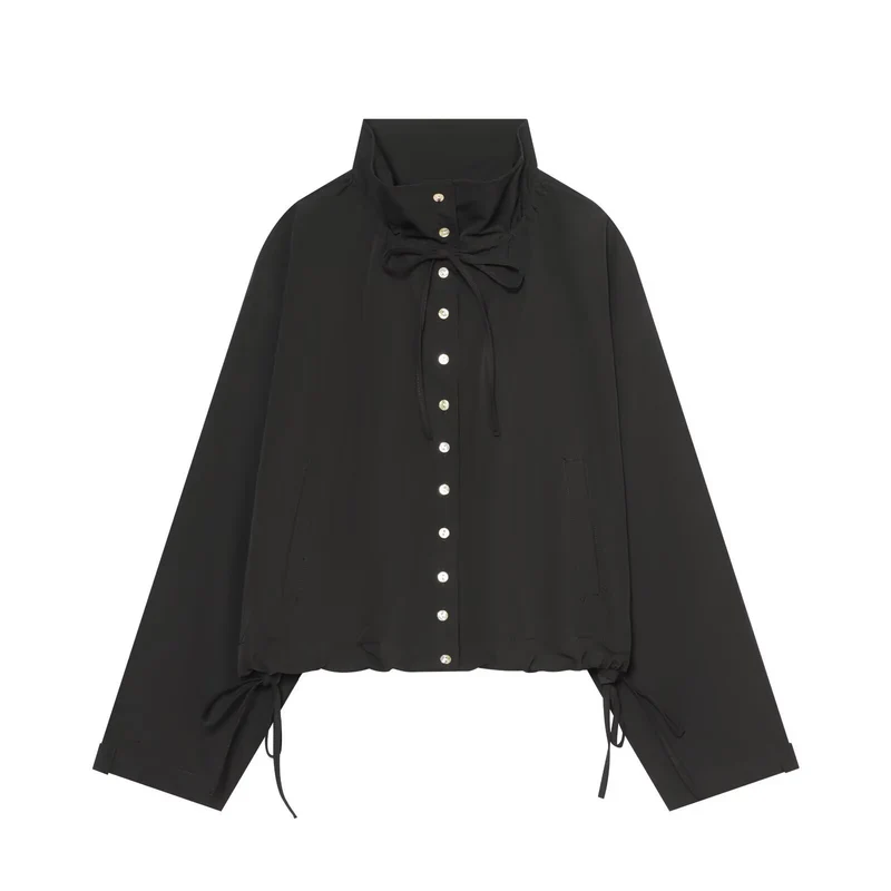 Damen Kurzer Cropped-Blouson mit hohem Stehkragen, Knopfleiste und Tunnelzugsaum Drune