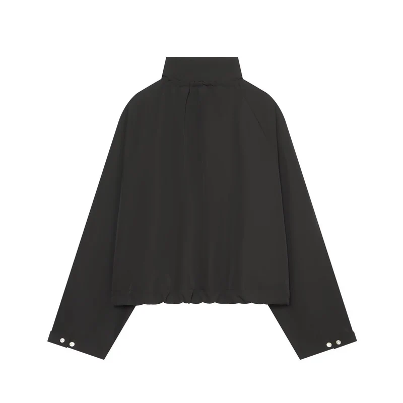 Damen Kurzer Cropped-Blouson mit hohem Stehkragen, Knopfleiste und Tunnelzugsaum Drune