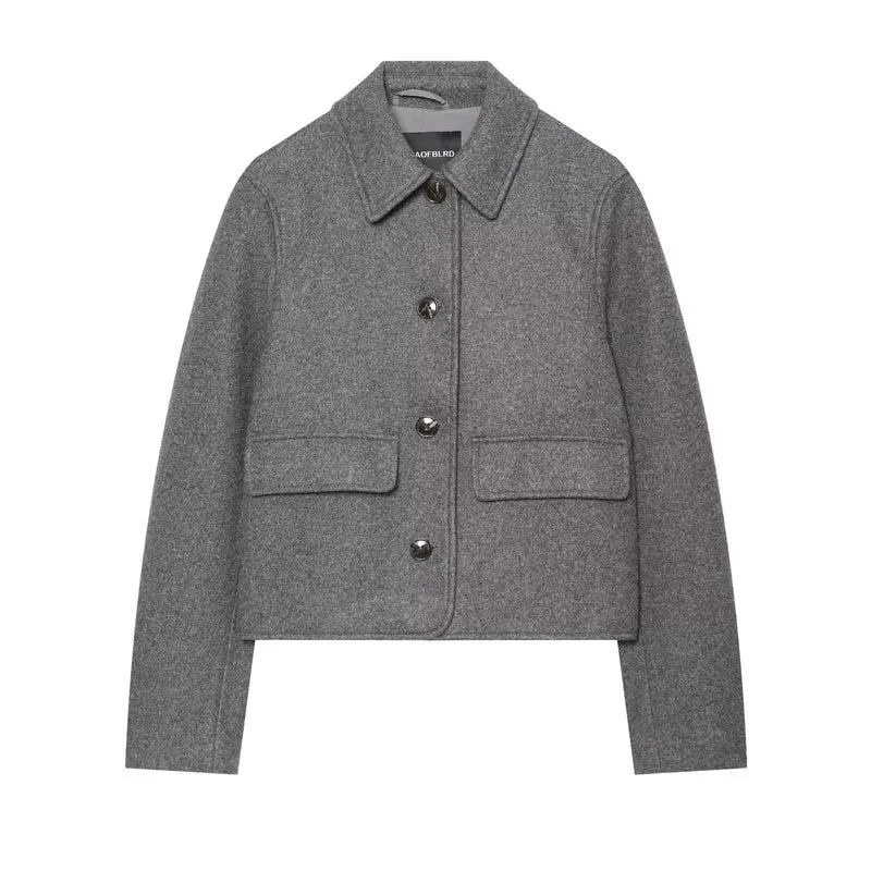 Damen Kurzer boxy Wollblouson mit Hemdkragen und Pattentaschen Drune