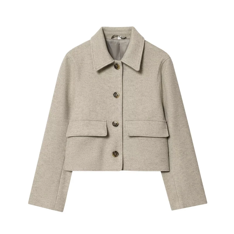 Damen Kurzer boxy Wollblouson mit Hemdkragen und Pattentaschen Drune