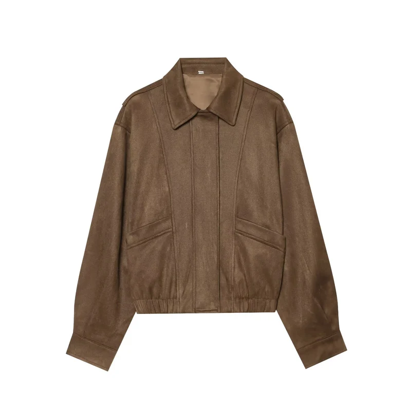 Damen Kurzer Boxy‑Blouson in Velourslederoptik mit Pattentaschen Drune