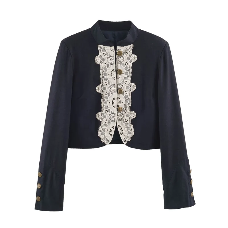 Damen Kurzer Bolero‑Blazer mit Spitzenfront und dekorativen Zierknöpfen Drune